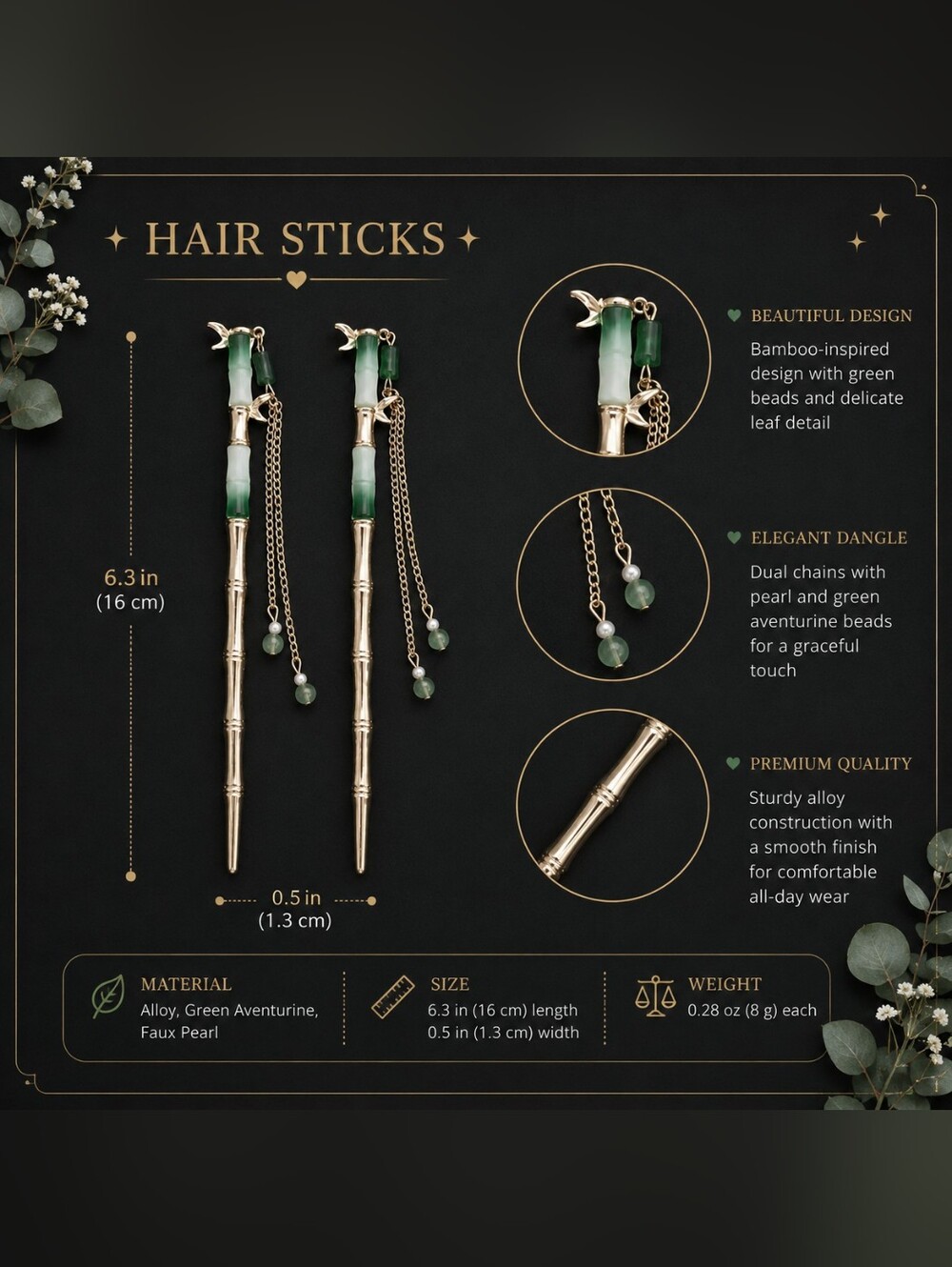 Bamboo Hair Sticks Green Bead Tassels - Picture 4 of 5